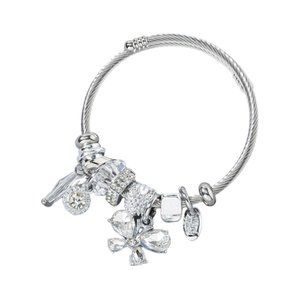 Silver Rhinestone Charm Flexible Cuff Bangle NWOT
